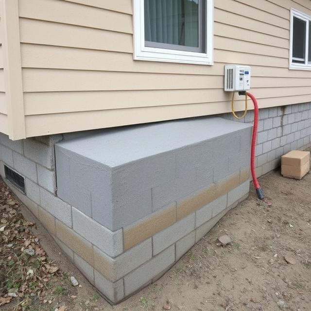 Exterior of a house showing a concrete block foundation. The foundation is beige and gray with a window and siding visible.