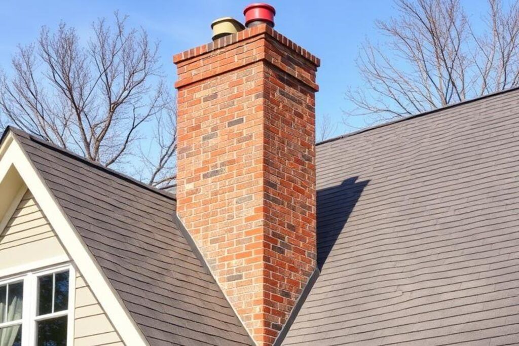 Brick chimney extending from a gray shingle roof against a blue sky; a small, white-framed window is visible on the left.