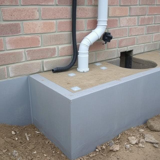 Brick wall with gray foundation and a white downspout draining into a covered opening. Black hose nearby.