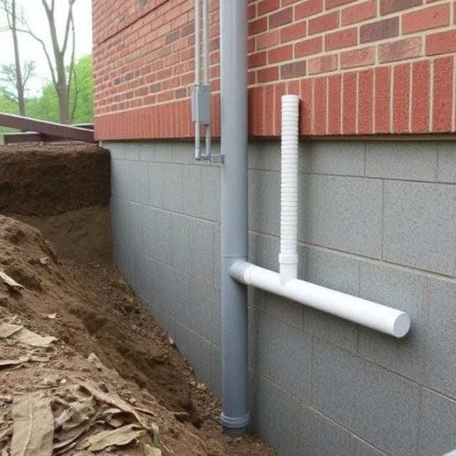 Exterior view of a building foundation with a grey drainage pipe and a white vent pipe extending from the brick wall. The ground is dirt and the building is brick.