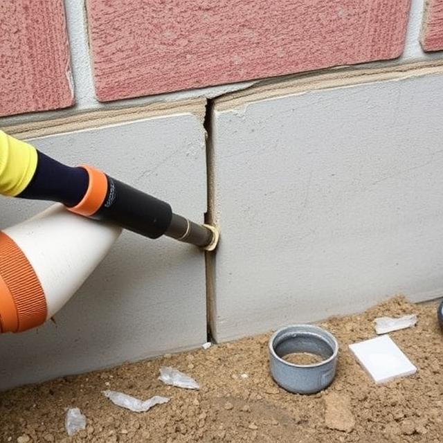 A person uses a caulking gun to fill a gap between concrete tiles and a brick wall in an outdoor setting.