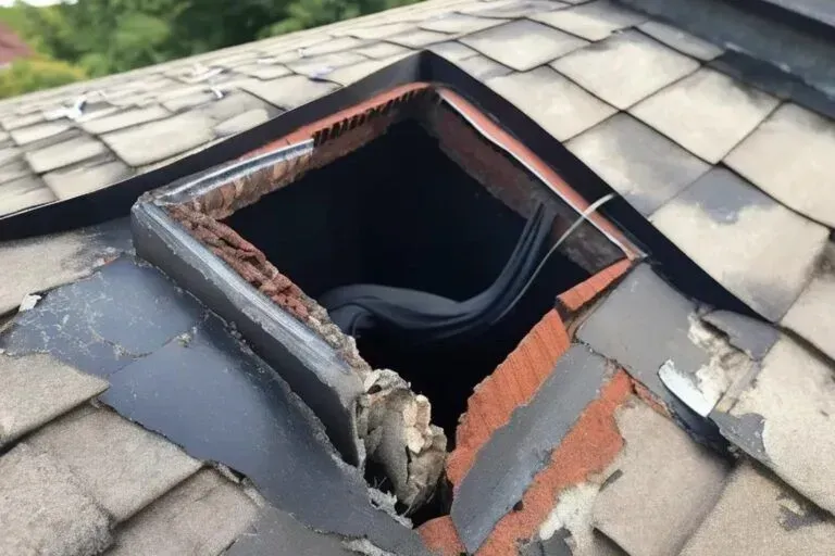 Damaged roof with a gaping hole. Gray shingles, red brick, and exposed dark space.