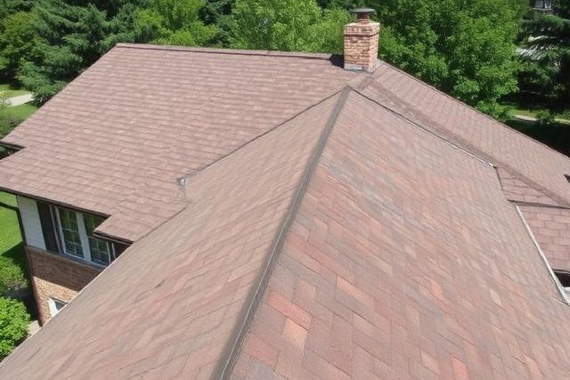 An aerial view of a house with a brown roof and a chimney.