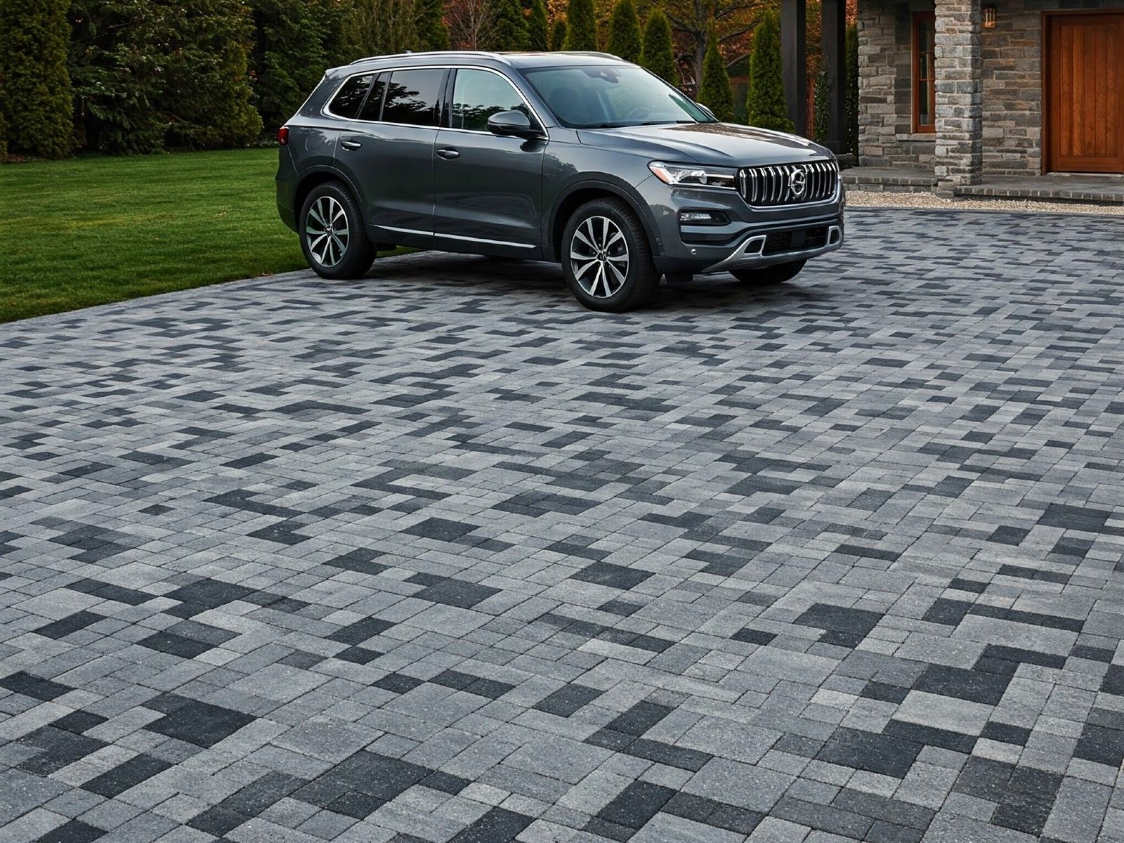 A car is parked on a brick driveway in front of a house.