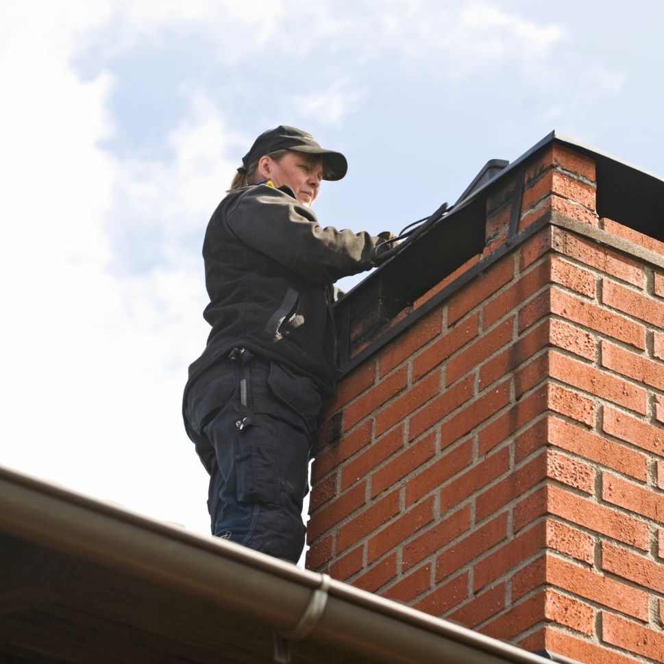 A man standing on top of a brick chimney