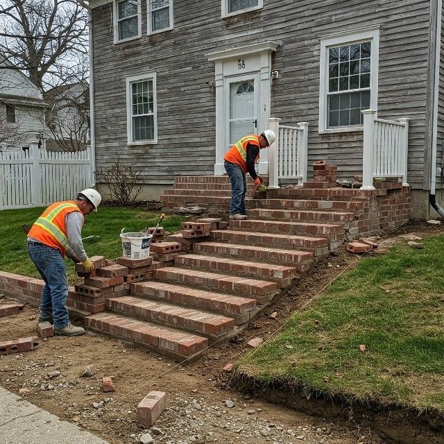 Two construction workers building brick steps in front of a weathered gray house. They are wearing orange vests and hard hats.