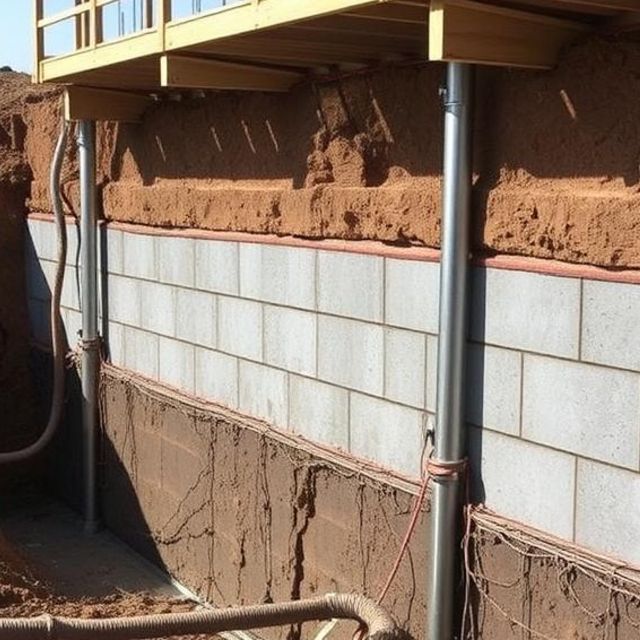 A brick wall with a wooden deck above it