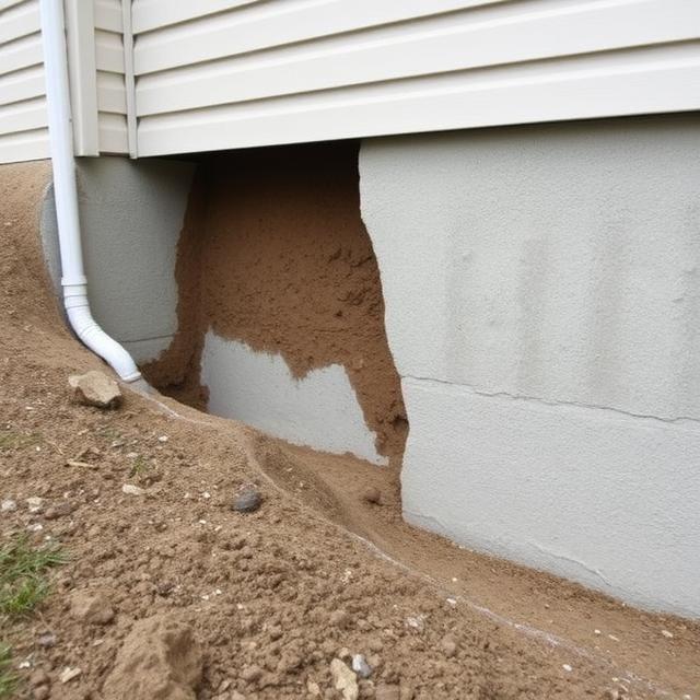 A white house with a hole in the foundation