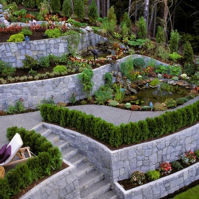 A lush green garden with a stone wall and stairs