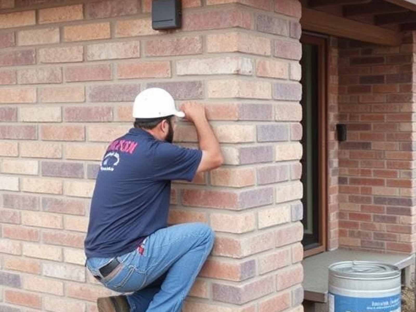 A man wearing a hard hat is working on a brick wall