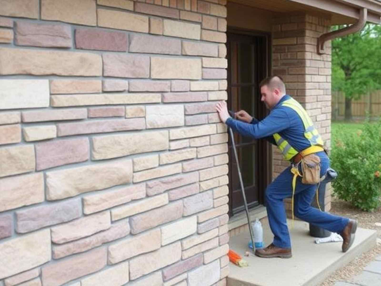 A man in a safety vest is working on a brick wall.