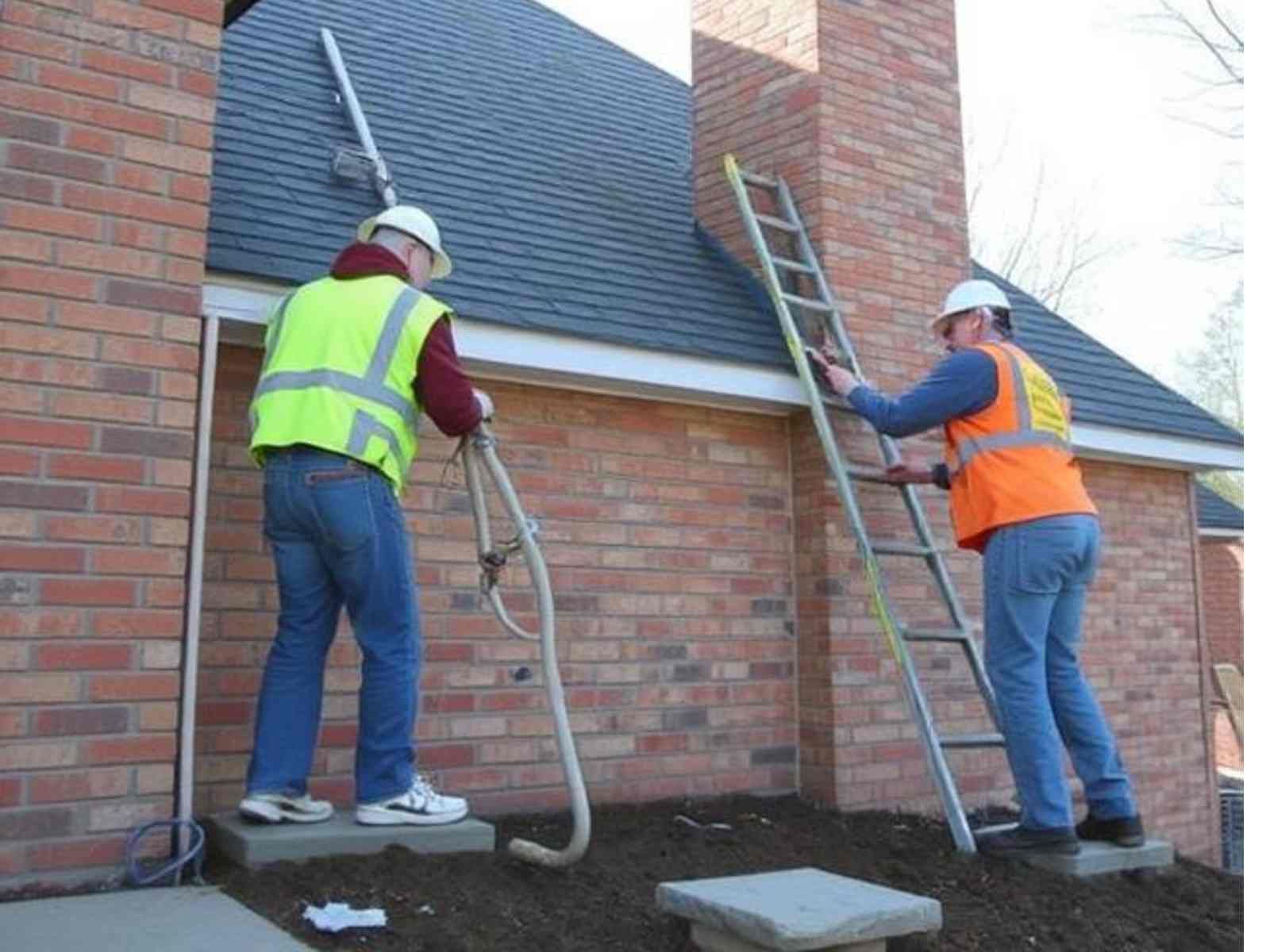 Two men are working on the roof of a brick house