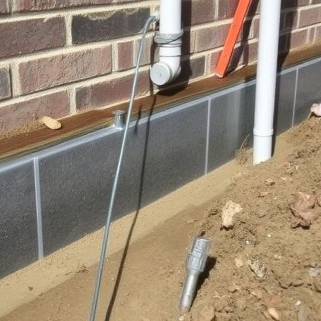 A brick wall with a pipe and a ladder in the background