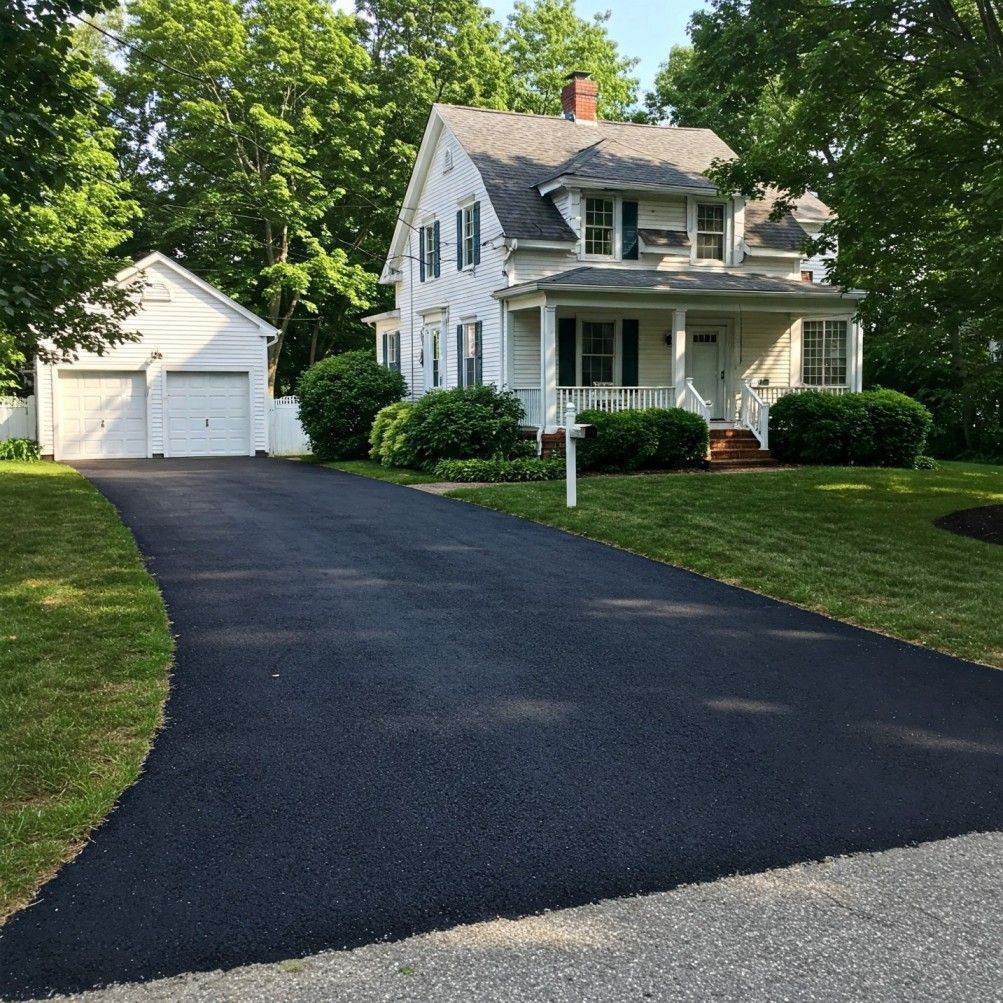 A white house with a black driveway leading to it