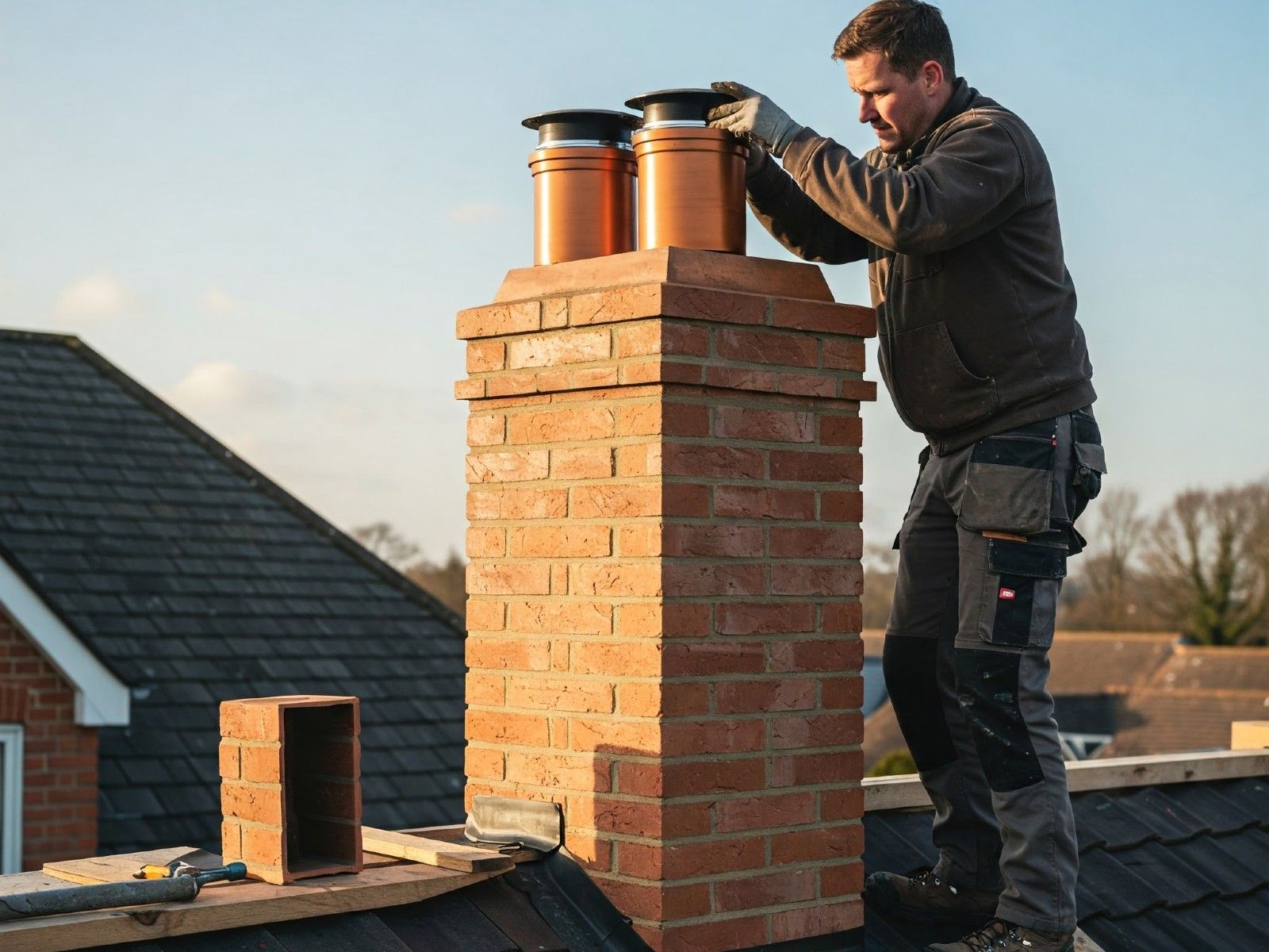 A man is working on a chimney on top of a roof.