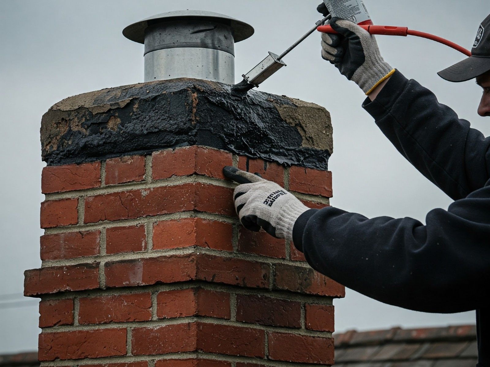 A man is working on a brick chimney with a torch.