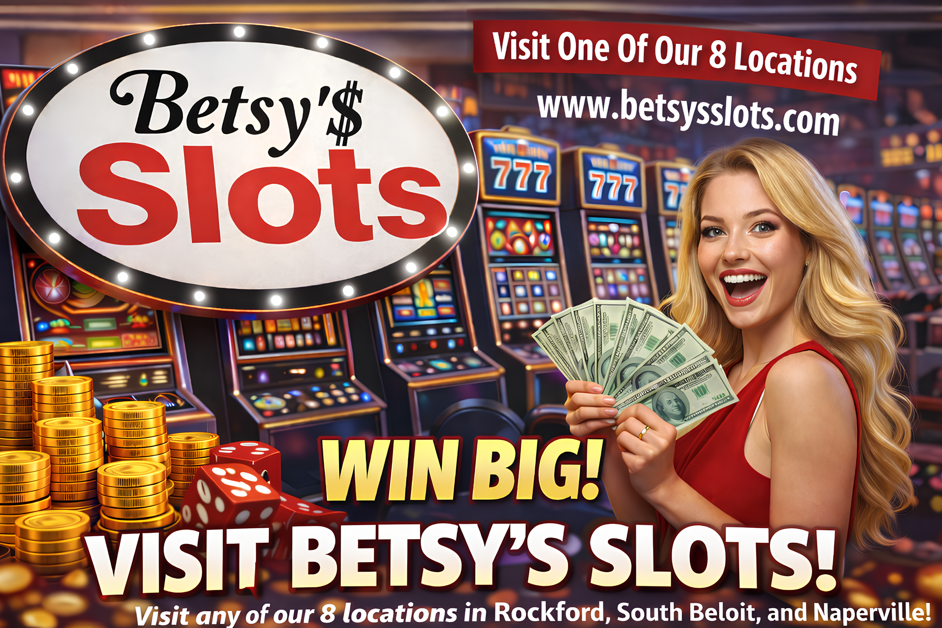 Woman holding money in front of slot machines.