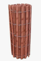 A roll of reddish-brown wood slat fencing held together by horizontal metal wire, set against a white background.