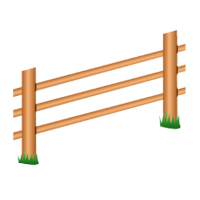 A wooden fence with three horizontal rails and two vertical posts, shown with small patches of green grass at the base.