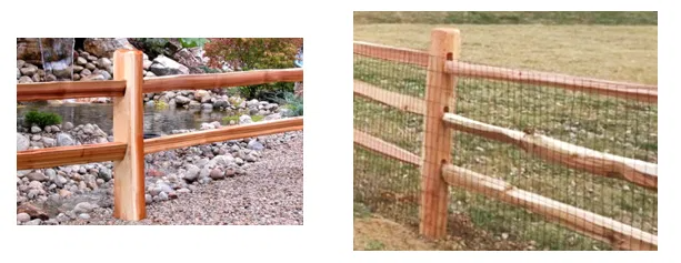 Two styles of wooden split-rail fences with square posts in outdoor settings.