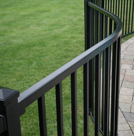 A black, curved metal fence standing on grass next to a stone paver path.