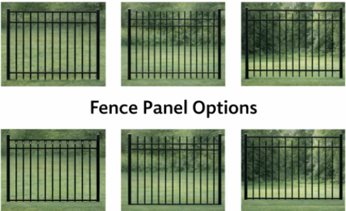 Six black metal fence panels with different top rail and picket configurations arranged in two rows.