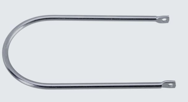 A U-shaped metal bracket with flat, perforated ends against a plain background.