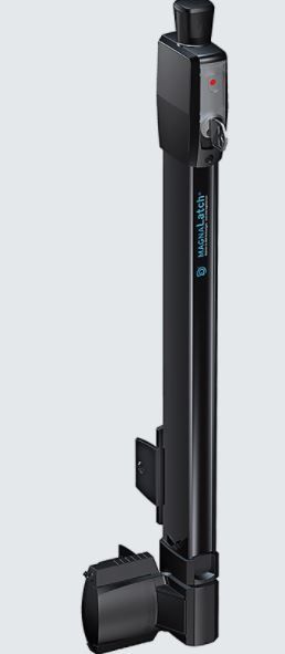 A black, vertical Thule bike frame adapter with a locking mechanism at the top and a circular mount at the bottom.