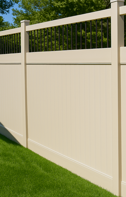 A tan vinyl privacy fence featuring a black metal spindle topper, situated over a green lawn under a clear sky.