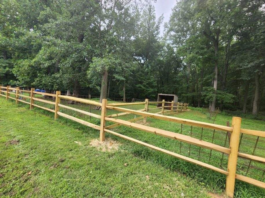 A wooden three-rail fence curves through a grassy field toward a small shelter at the edge of a dense forest.