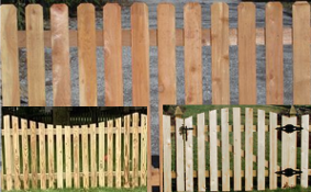 A collage of wooden picket fences, including a straight top section and two arched-top pedestrian gates.