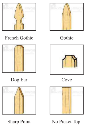 A grid showing six different wooden fence picket top styles, labeled French Gothic, Gothic, Dog Ear, Cove, Sharp Point, and.