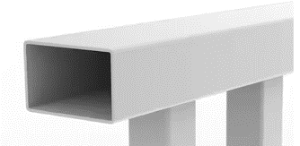 A white rectangular metal pipe or railing profile shown in a close-up against a white background.