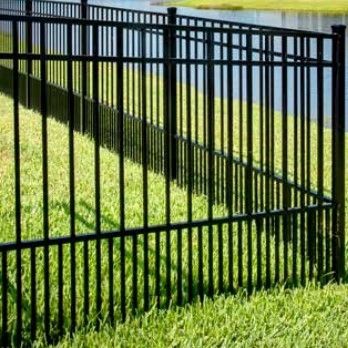 A black metal fence runs across a bright green lawn near a body of water in the background.