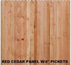 A rectangular wooden privacy fence panel made of natural red cedar with 4-inch wide vertical pickets.