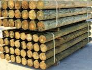 A stack of cylindrical, pressure-treated wooden poles bound together with plastic strapping.