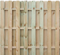 A wooden privacy fence featuring vertically installed light-colored boards with a consistent, repeating pattern.