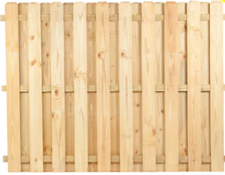 A light-colored wooden fence panel featuring vertical slats arranged in a repeating front-and-back pattern.