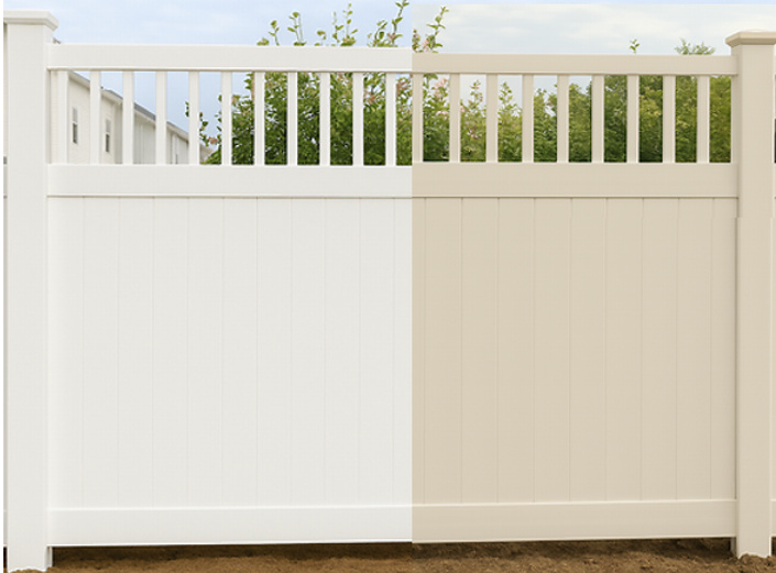 A split-screen comparison of a vinyl fence, showing a bright white section on the left and a tan-colored section on the right.