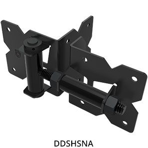 A black adjustable heavy-duty gate hinge with a threaded bolt and mounting brackets.