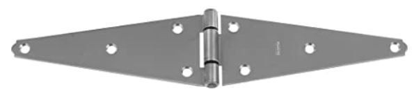 A metal T-strap hinge with a central pin barrel and six screw holes for mounting.
