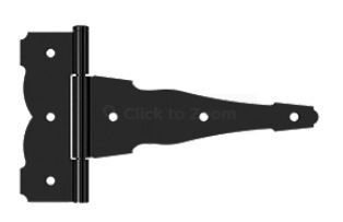 A black, ornamental T-hinge with a decorative strap and mounting plate featuring five pre-drilled screw holes.