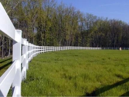 A long white three-rail fence curves along the edge of a vibrant green pasture with a forest in the background.