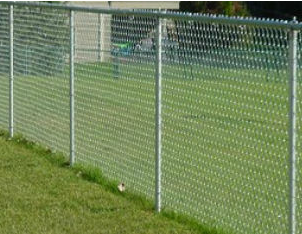 A tall, silver chain-link fence stands on a grassy lawn.