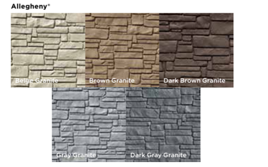A grid of five Allegheny-style stone veneer color samples: Beige, Brown, Dark Brown, Gray, and Dark Gray Granite.