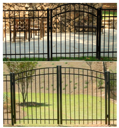 Two photos of black metal fence gates: one arched single gate with a stone background and a double gate over a grassy lawn.