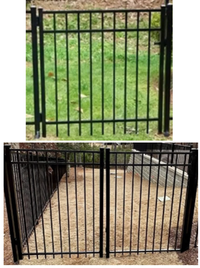 Two metal black fences: a single gate on grass and a double gate over dirt.