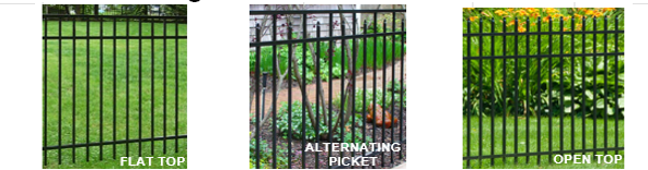 Three styles of black metal fencing side-by-side: Flat Top, Alternating Picket, and Open Top.