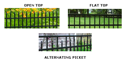 Three types of black metal fences: Open Top with pointed pickets, Flat Top with a straight rail, and Alternating Picket.