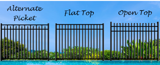 Three styles of black metal fencing—Alternate Picket, Flat Top, and Open Top—against a blue sky and pool background.